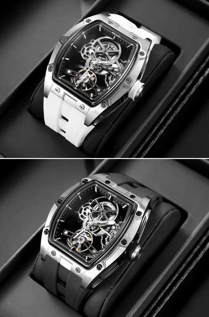MEGIR Men's Automatic Mechanical Watch with Stainless Steel Case Silicone Band Skeleton Dial Waterproof Sport Wristwatch - CHINGUITY
