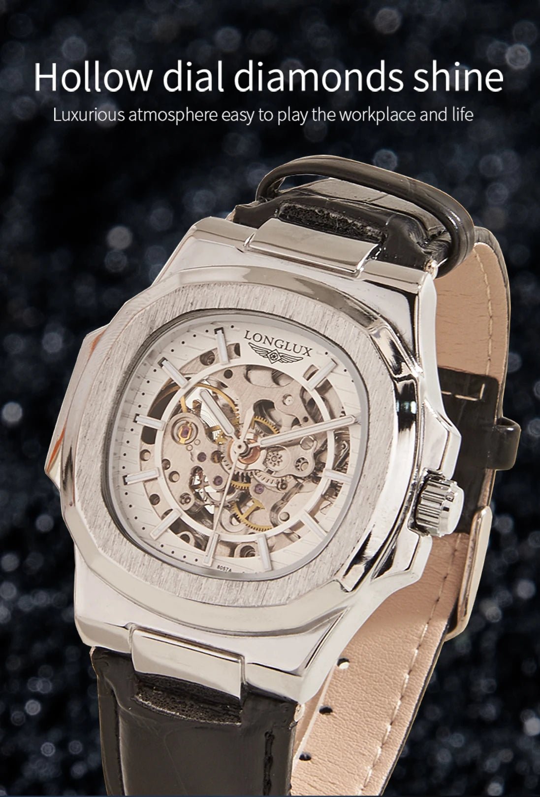 LONGLUX automatic mechanical watch outdoors simple luxury watches waterproof cheap wholesale skeleton leather mens watch gift - CHINGUITY