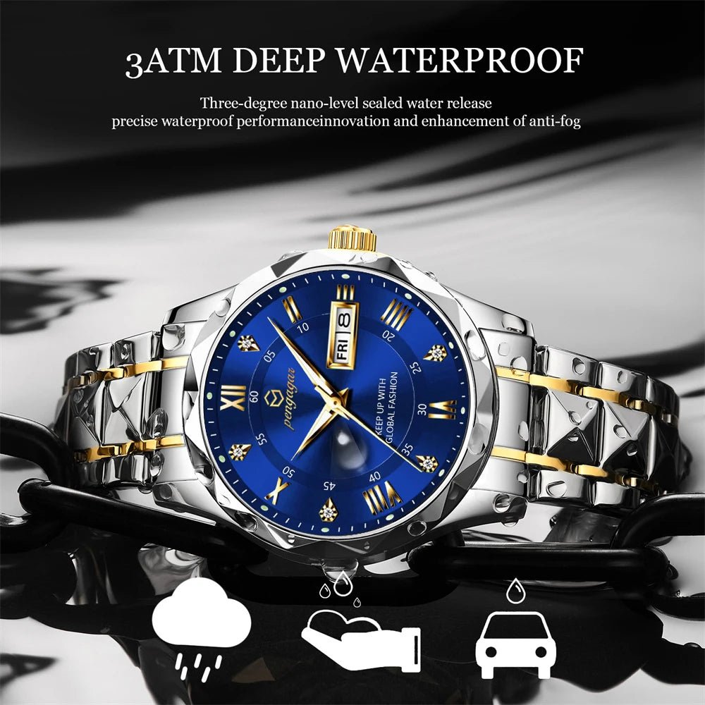 PENGAGAR Luxury Square Sport Man Wristwatch Waterproof Luminous Chronograph Quartz Men's Watches Stainless Steel Men Watch Reloj - CHINGUITY