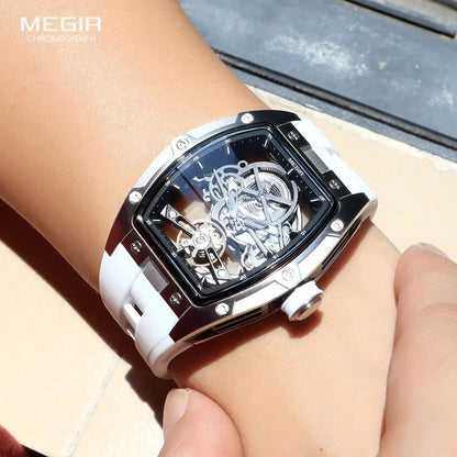 MEGIR Men's Automatic Mechanical Watch with Stainless Steel Case Silicone Band Skeleton Dial Waterproof Sport Wristwatch - CHINGUITY