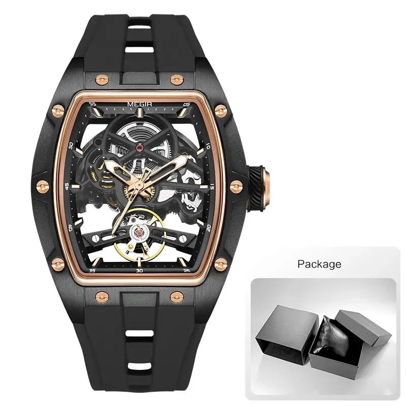 MEGIR Men's Automatic Mechanical Watch with Stainless Steel Case Silicone Band Skeleton Dial Waterproof Sport Wristwatch - CHINGUITY