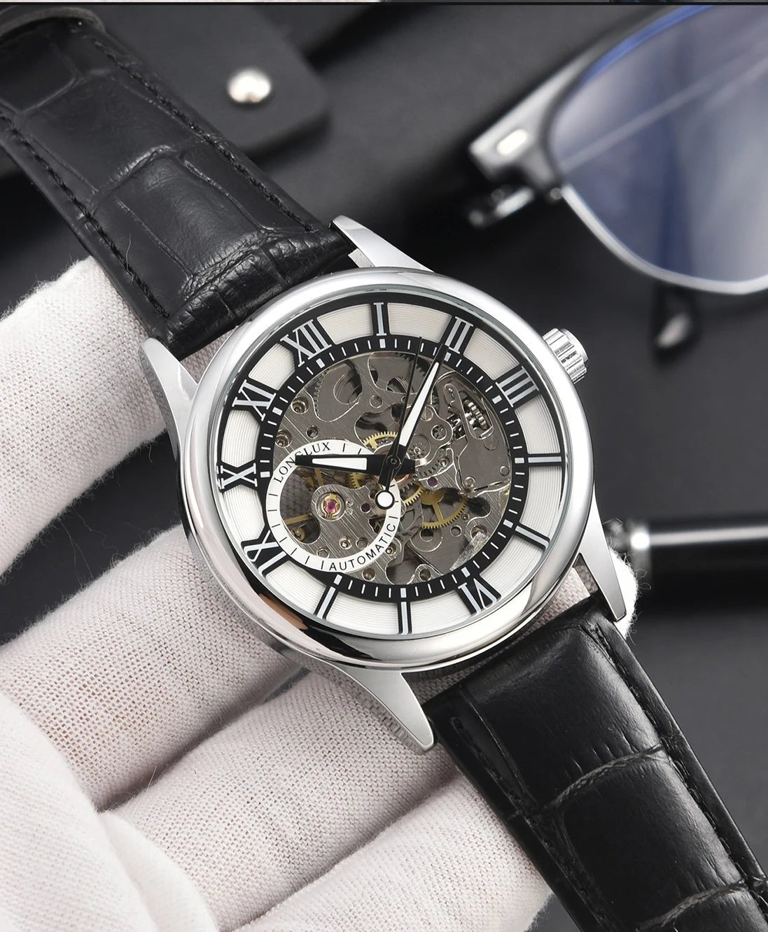 LONGLUX automatic watch rome wholesale mechanical wristwatches waterproof hollow leather mens watch men gift - CHINGUITY
