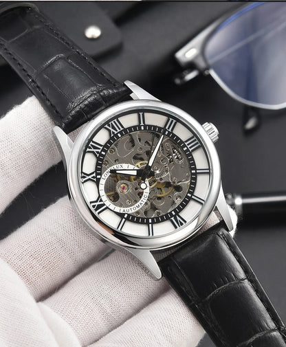 LONGLUX automatic watch rome wholesale mechanical wristwatches waterproof hollow leather mens watch men gift - CHINGUITY