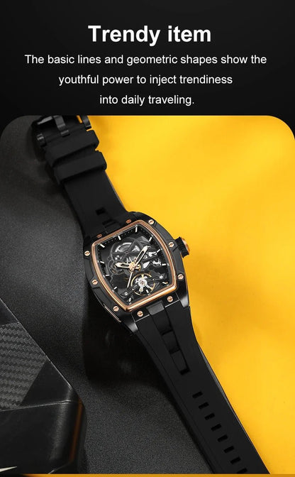 MEGIR Men's Automatic Mechanical Watch with Stainless Steel Case Silicone Band Skeleton Dial Waterproof Sport Wristwatch - CHINGUITY