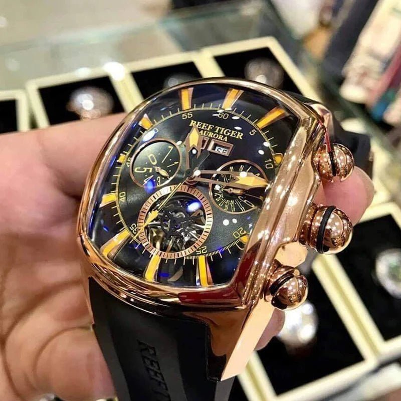Reef Tiger 316L Stainless Steel Wine Barrel Automatic Watch Fashion Mulitfunction Tourbillon Mechanical Watches for Men RGA3069 - CHINGUITY