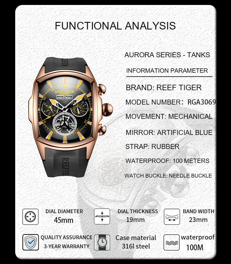 Reef Tiger 316L Stainless Steel Wine Barrel Automatic Watch Fashion Mulitfunction Tourbillon Mechanical Watches for Men RGA3069 - CHINGUITY