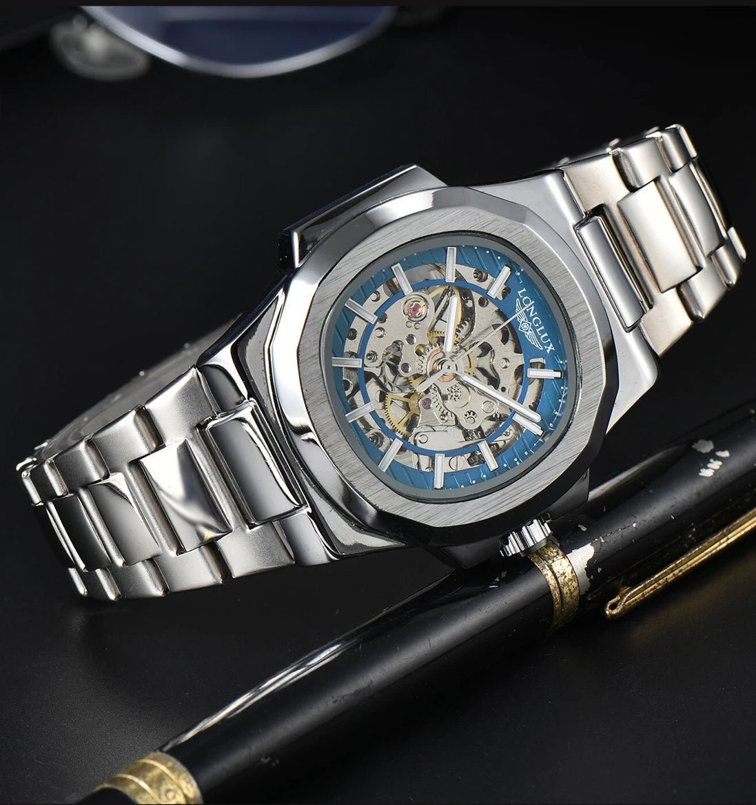 LONGLUX Men automatic mechanical watch luxury watches waterproof skeleton business cheap wholesale stainless steel gift watch - CHINGUITY