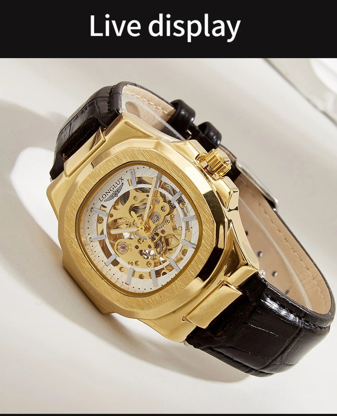 LONGLUX automatic mechanical watch outdoors simple luxury watches waterproof cheap wholesale skeleton leather mens watch gift - CHINGUITY