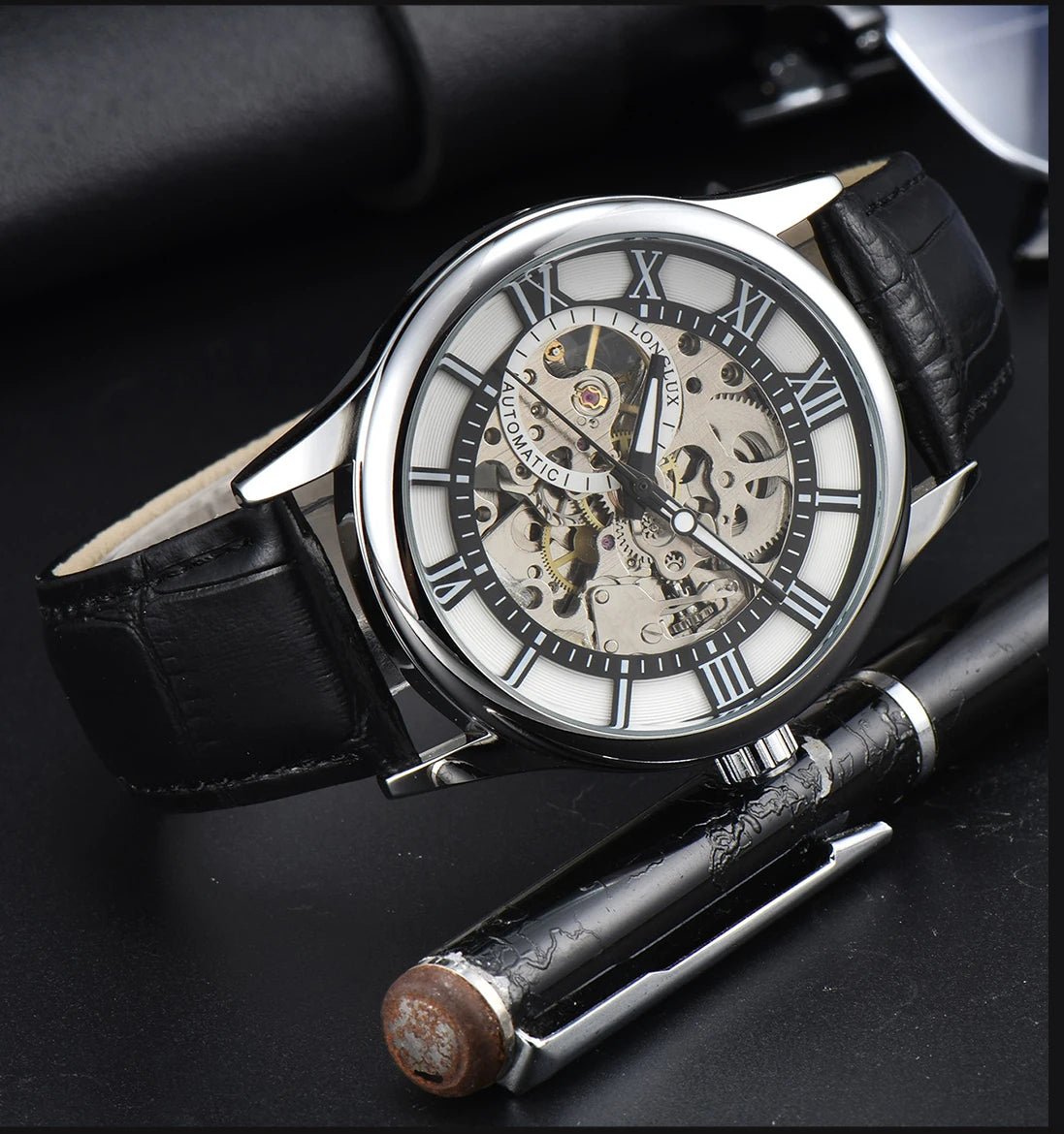 LONGLUX automatic watch rome wholesale mechanical wristwatches waterproof hollow leather mens watch men gift - CHINGUITY