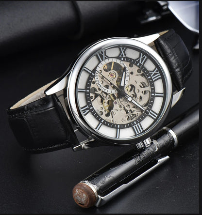 LONGLUX automatic watch rome wholesale mechanical wristwatches waterproof hollow leather mens watch men gift - CHINGUITY