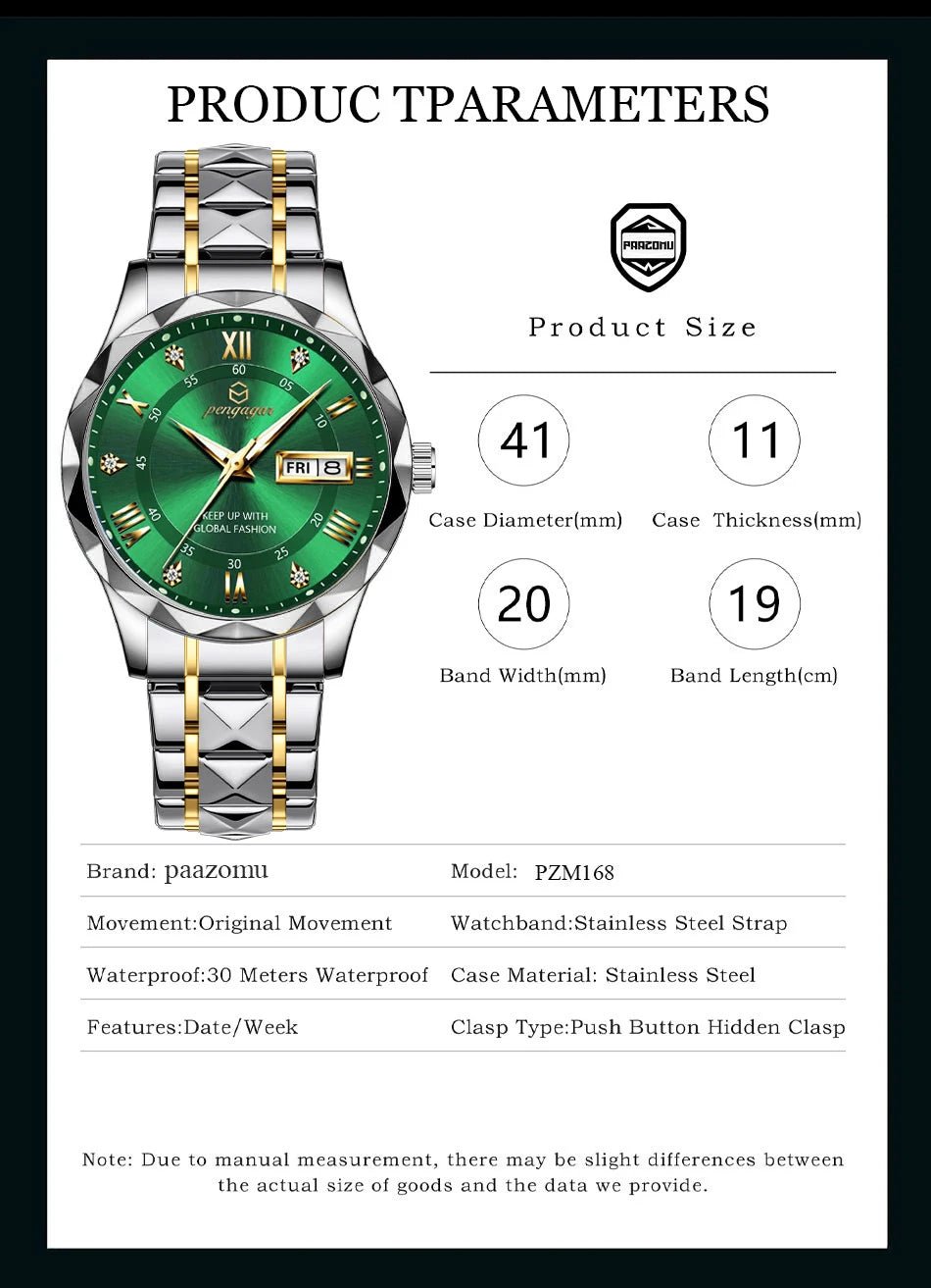 PENGAGAR Luxury Square Sport Man Wristwatch Waterproof Luminous Chronograph Quartz Men's Watches Stainless Steel Men Watch Reloj - CHINGUITY