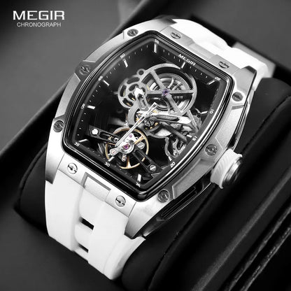MEGIR Men's Automatic Mechanical Watch with Stainless Steel Case Silicone Band Skeleton Dial Waterproof Sport Wristwatch - CHINGUITY