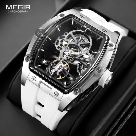 MEGIR Men's Automatic Mechanical Watch with Stainless Steel Case Silicone Band Skeleton Dial Waterproof Sport Wristwatch - CHINGUITY