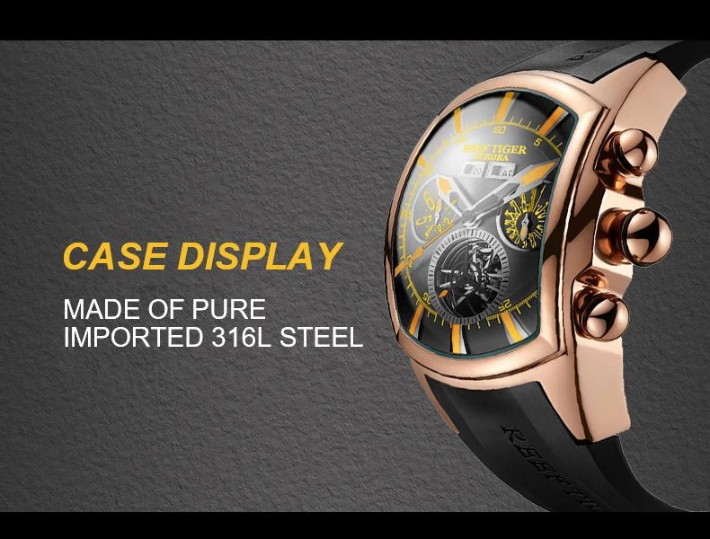 Reef Tiger 316L Stainless Steel Wine Barrel Automatic Watch Fashion Mulitfunction Tourbillon Mechanical Watches for Men RGA3069 - CHINGUITY