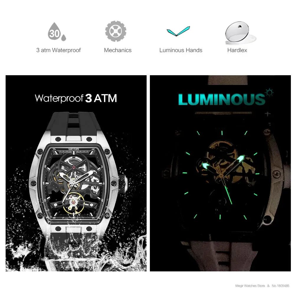 MEGIR Men's Automatic Mechanical Watch with Stainless Steel Case Silicone Band Skeleton Dial Waterproof Sport Wristwatch - CHINGUITY