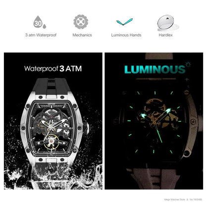 MEGIR Men's Automatic Mechanical Watch with Stainless Steel Case Silicone Band Skeleton Dial Waterproof Sport Wristwatch - CHINGUITY