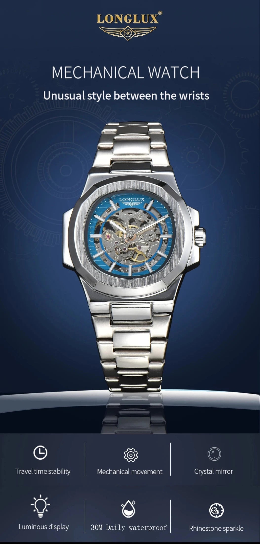 LONGLUX Men automatic mechanical watch luxury watches waterproof skeleton business cheap wholesale stainless steel gift watch - CHINGUITY