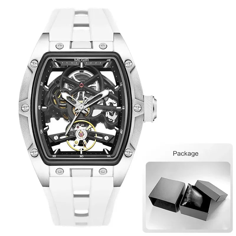 MEGIR Men's Automatic Mechanical Watch with Stainless Steel Case Silicone Band Skeleton Dial Waterproof Sport Wristwatch - CHINGUITY