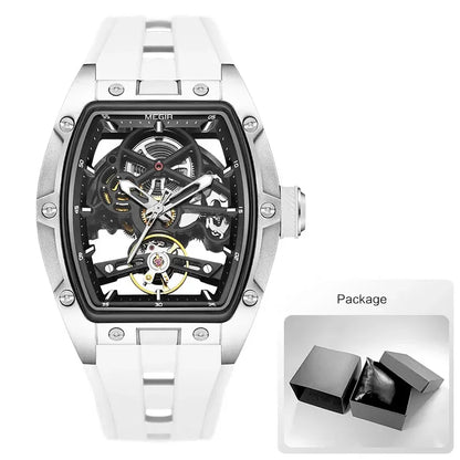 MEGIR Men's Automatic Mechanical Watch with Stainless Steel Case Silicone Band Skeleton Dial Waterproof Sport Wristwatch - CHINGUITY