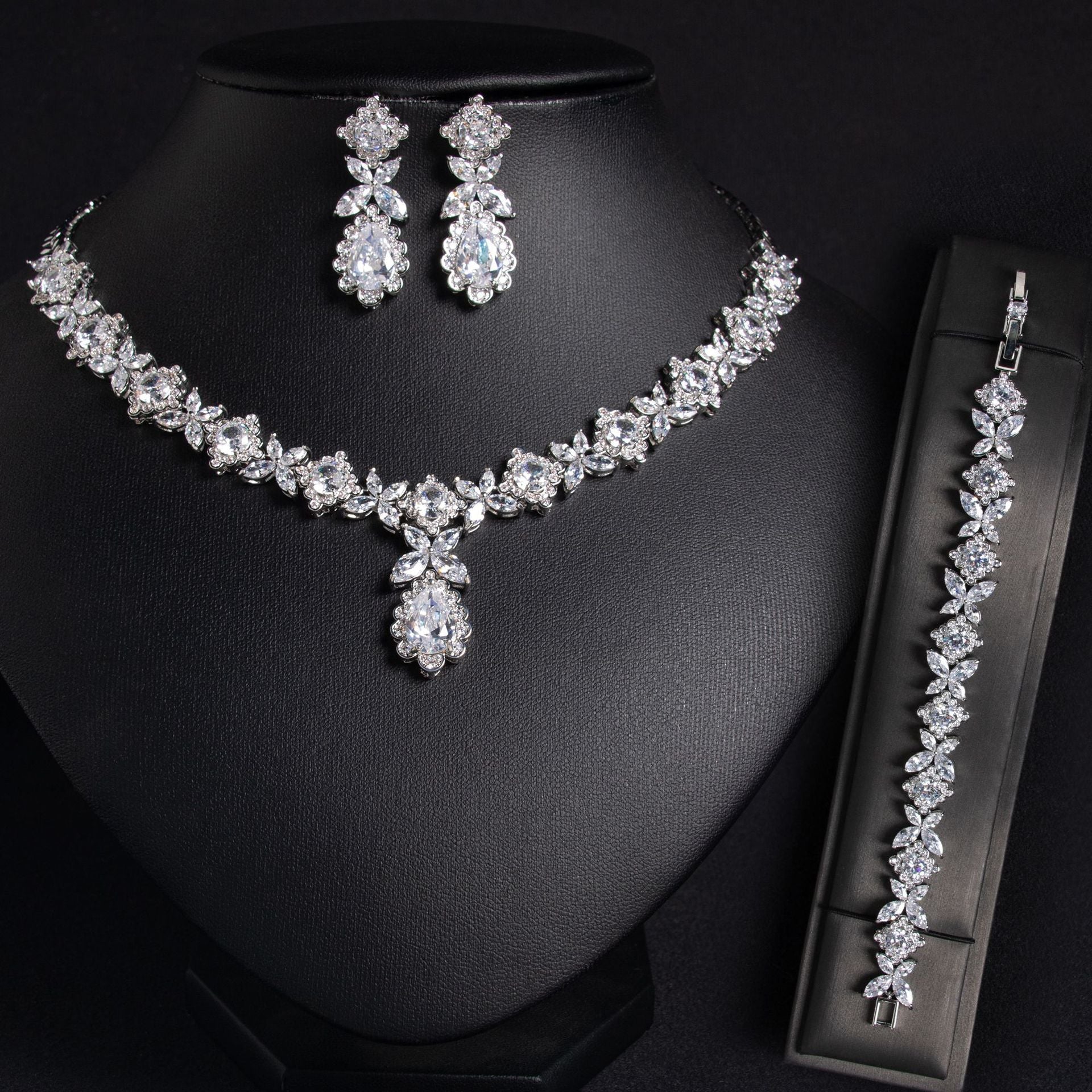 European And American Zircon Necklace Earring Bracelet Wedding Dress Bridal Three - piece Set - Chinguity