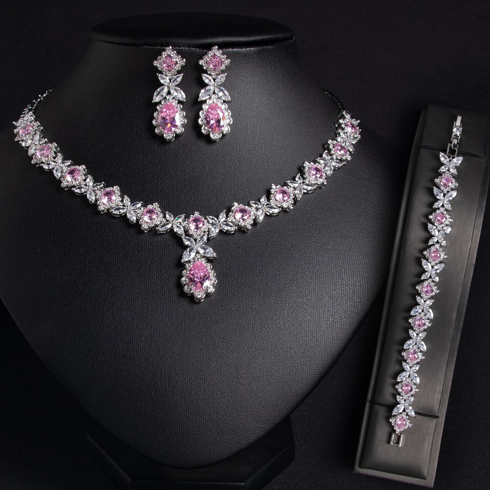 European And American Zircon Necklace Earring Bracelet Wedding Dress Bridal Three - piece Set - Chinguity