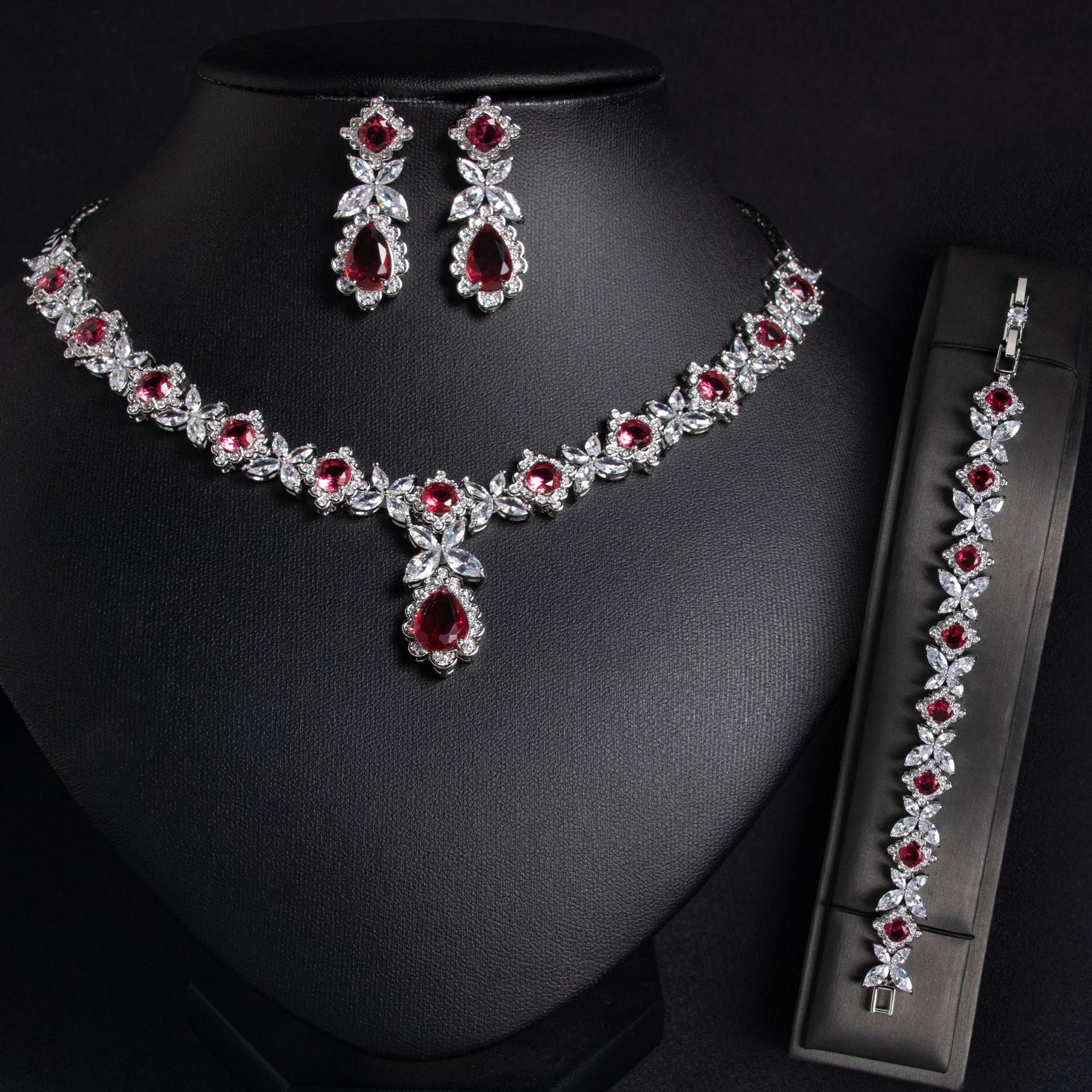 European And American Zircon Necklace Earring Bracelet Wedding Dress Bridal Three - piece Set - Chinguity