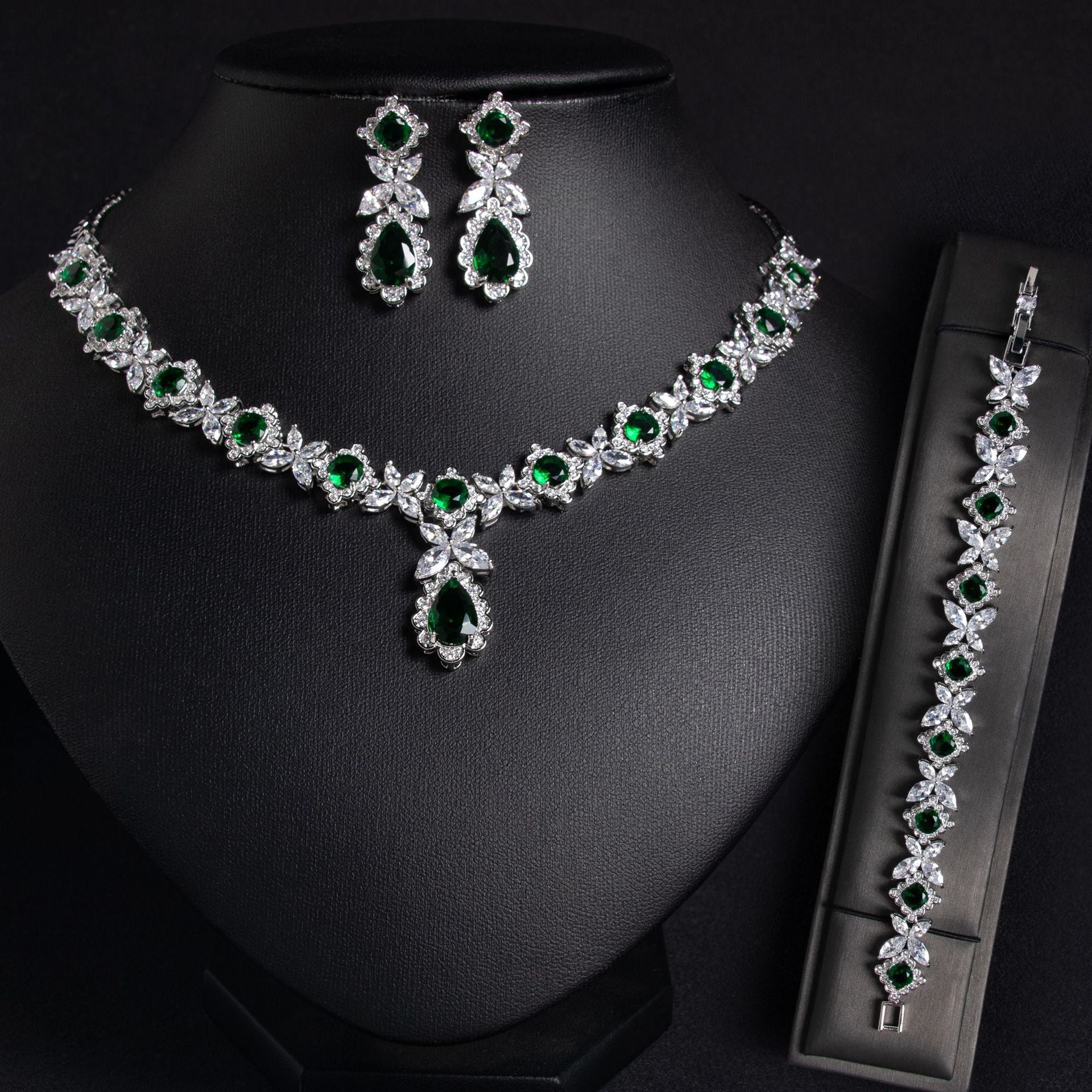 European And American Zircon Necklace Earring Bracelet Wedding Dress Bridal Three - piece Set - Chinguity