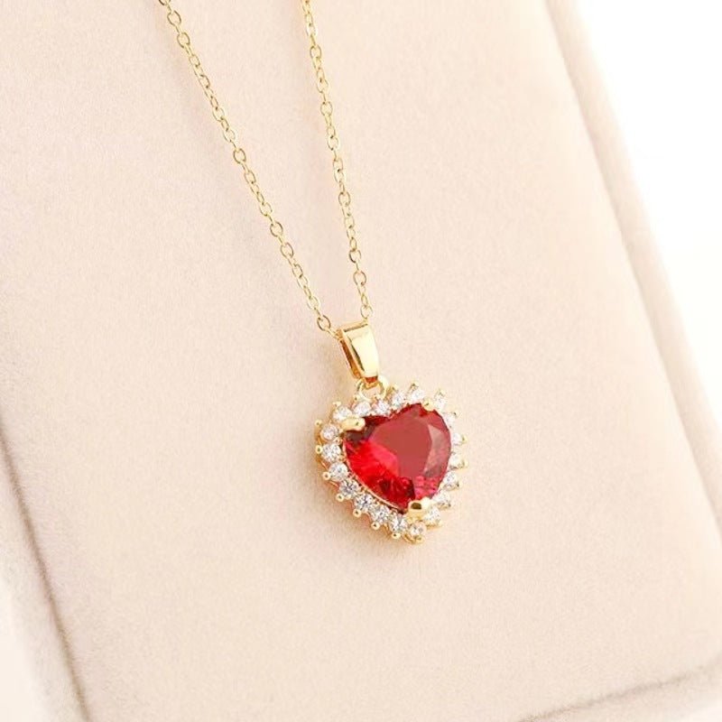 Fashion Micro - inlaid Pendant Ruby Heart Necklace - Chinguity