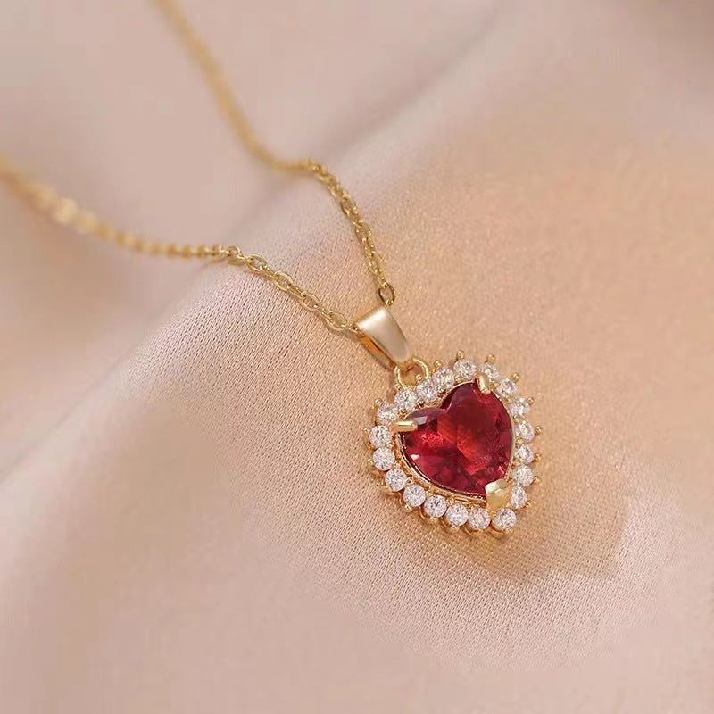 Fashion Micro - inlaid Pendant Ruby Heart Necklace - Chinguity