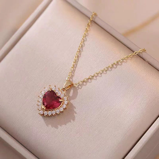 Fashion Micro - inlaid Pendant Ruby Heart Necklace - Chinguity