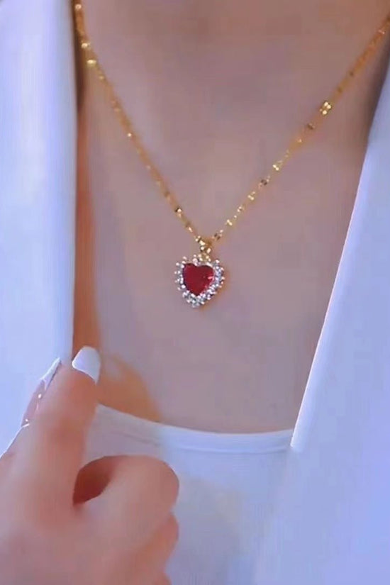 Fashion Micro - inlaid Pendant Ruby Heart Necklace - Chinguity
