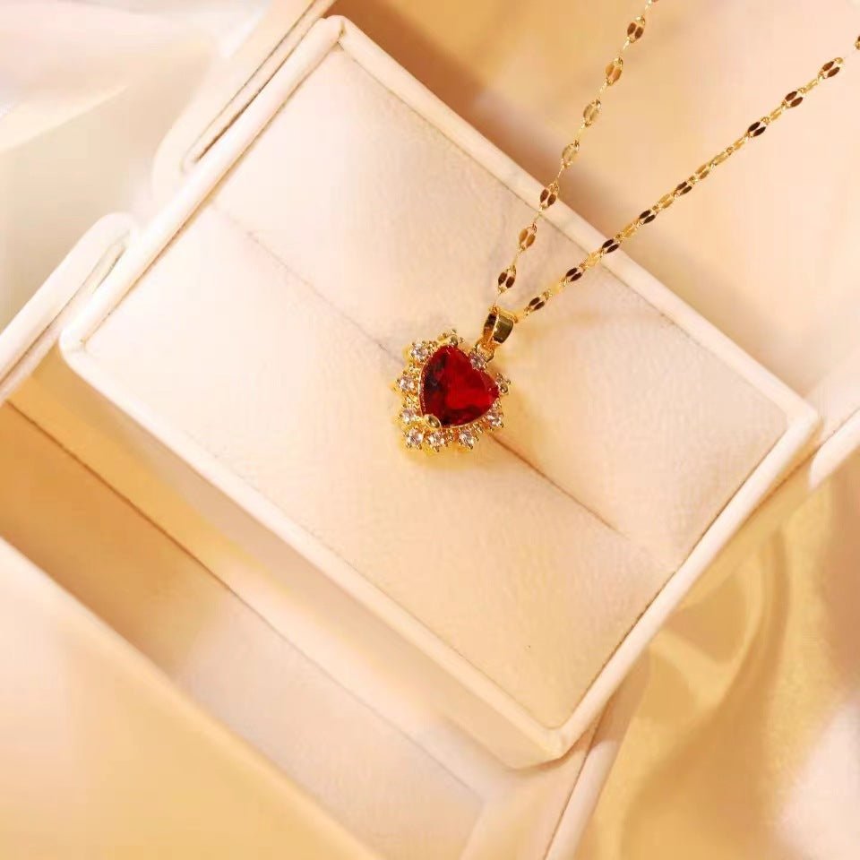 Fashion Micro - inlaid Pendant Ruby Heart Necklace - Chinguity