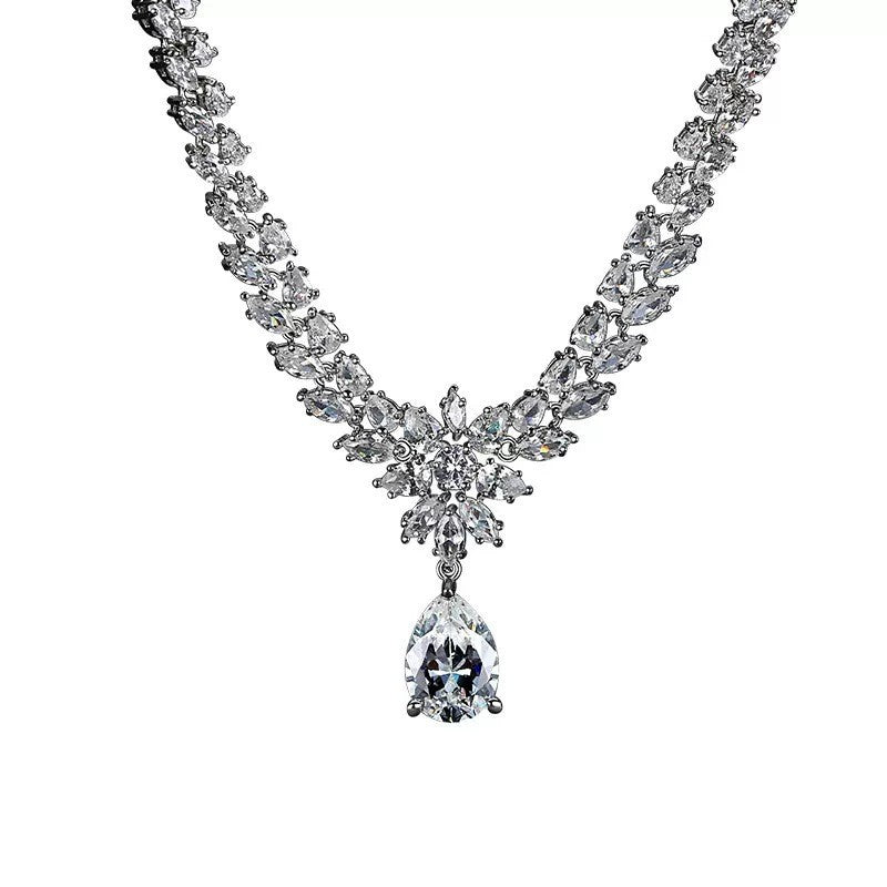 Heavy Industry Simulated Moissanite Pendant Necklace Earring Jewelry Set - Chinguity