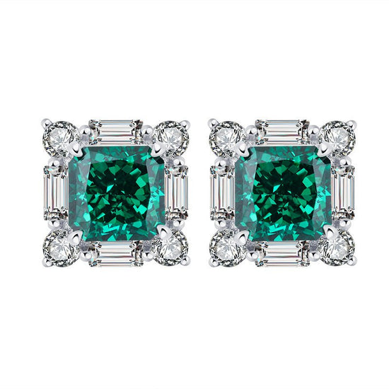 S925 Silver High Carbon Emerald Diamond Princess Square Diamond Set - Chinguity