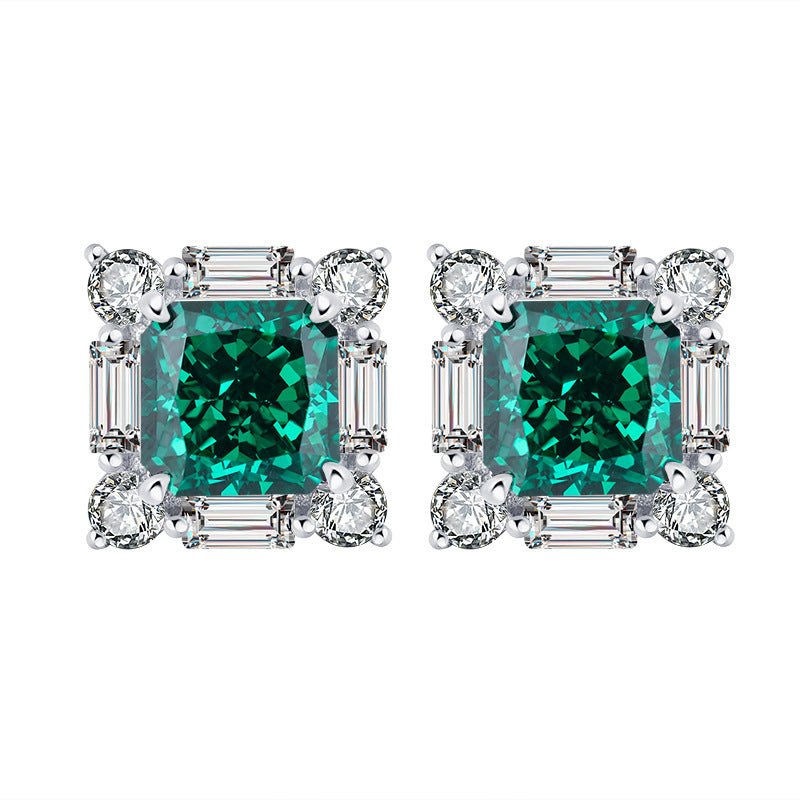S925 Silver High Carbon Emerald Diamond Princess Square Diamond Set - Chinguity