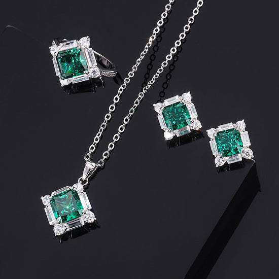 S925 Silver High Carbon Emerald Diamond Princess Square Diamond Set - Chinguity