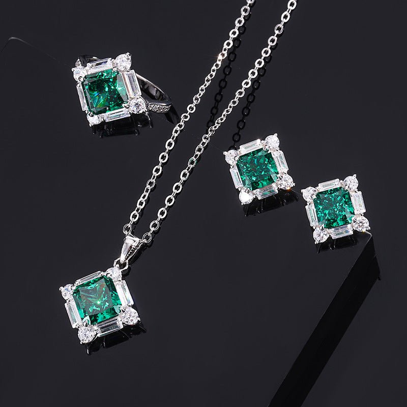 S925 Silver High Carbon Emerald Diamond Princess Square Diamond Set - Chinguity