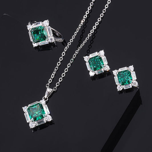 S925 Silver High Carbon Emerald Diamond Princess Square Diamond Set - Chinguity