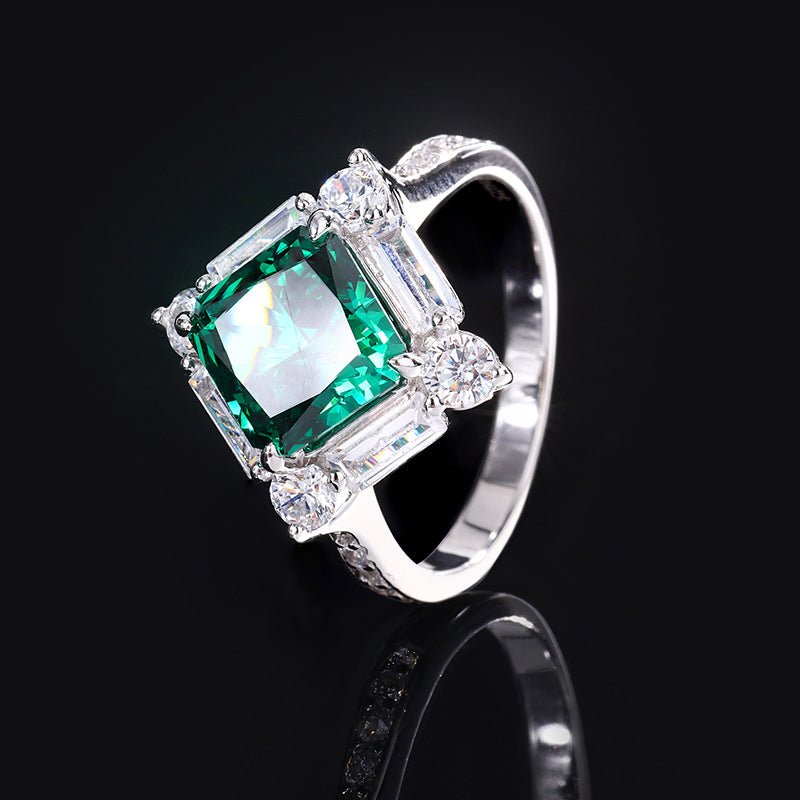 S925 Silver High Carbon Emerald Diamond Princess Square Diamond Set - Chinguity
