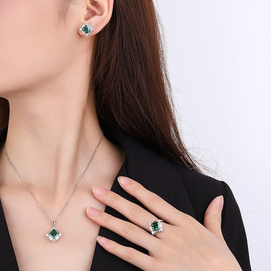 S925 Silver High Carbon Emerald Diamond Princess Square Diamond Set - Chinguity