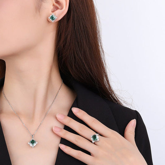 S925 Silver High Carbon Emerald Diamond Princess Square Diamond Set - Chinguity