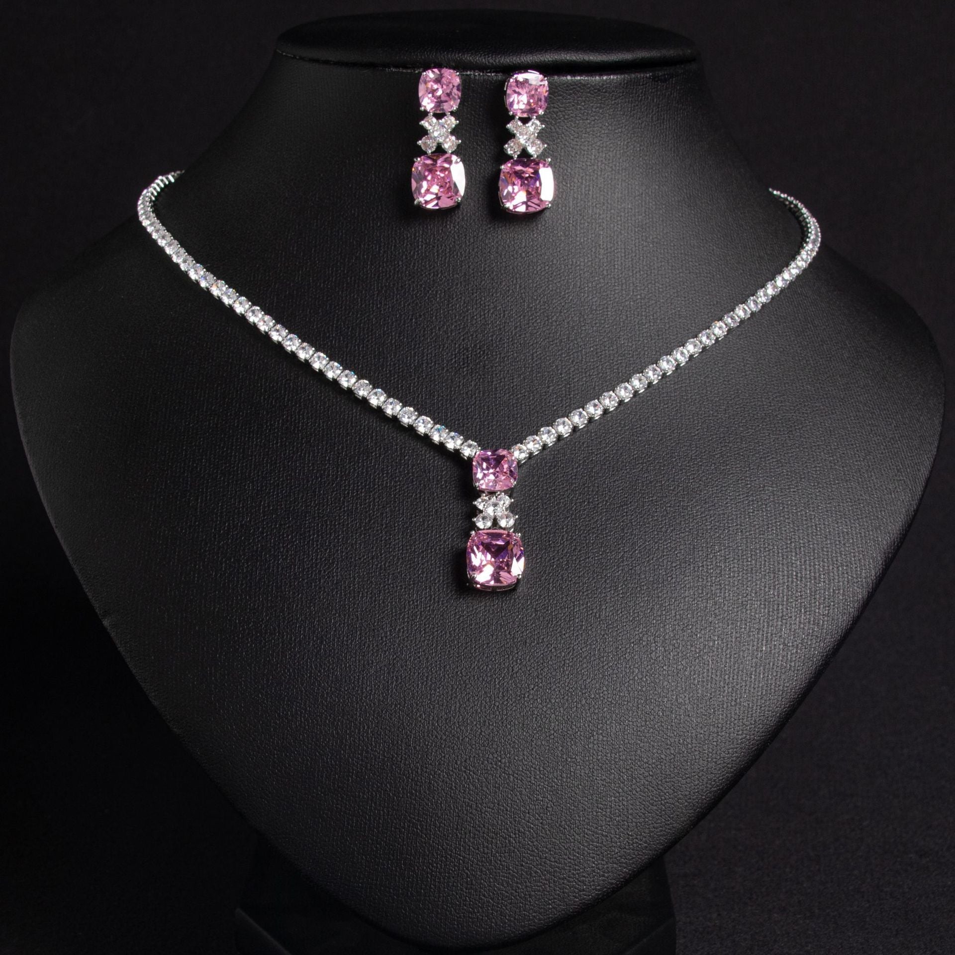 Small Square Bride Collarbone Chain Design Simple Zircon Pendant Earrings - Chinguity